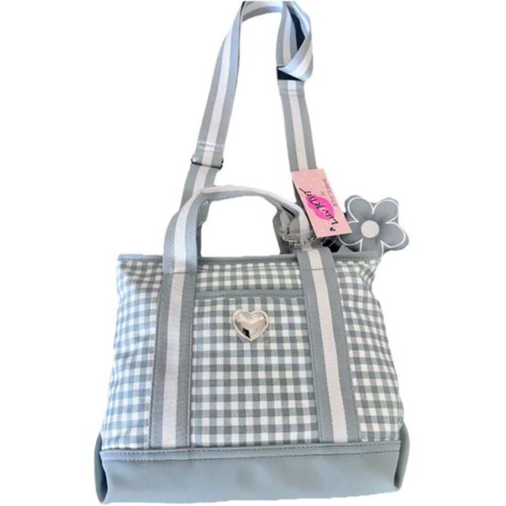 NWT Betsey Johnson Blue/Gray & White Check Crossbody/Tote Bag/Purse